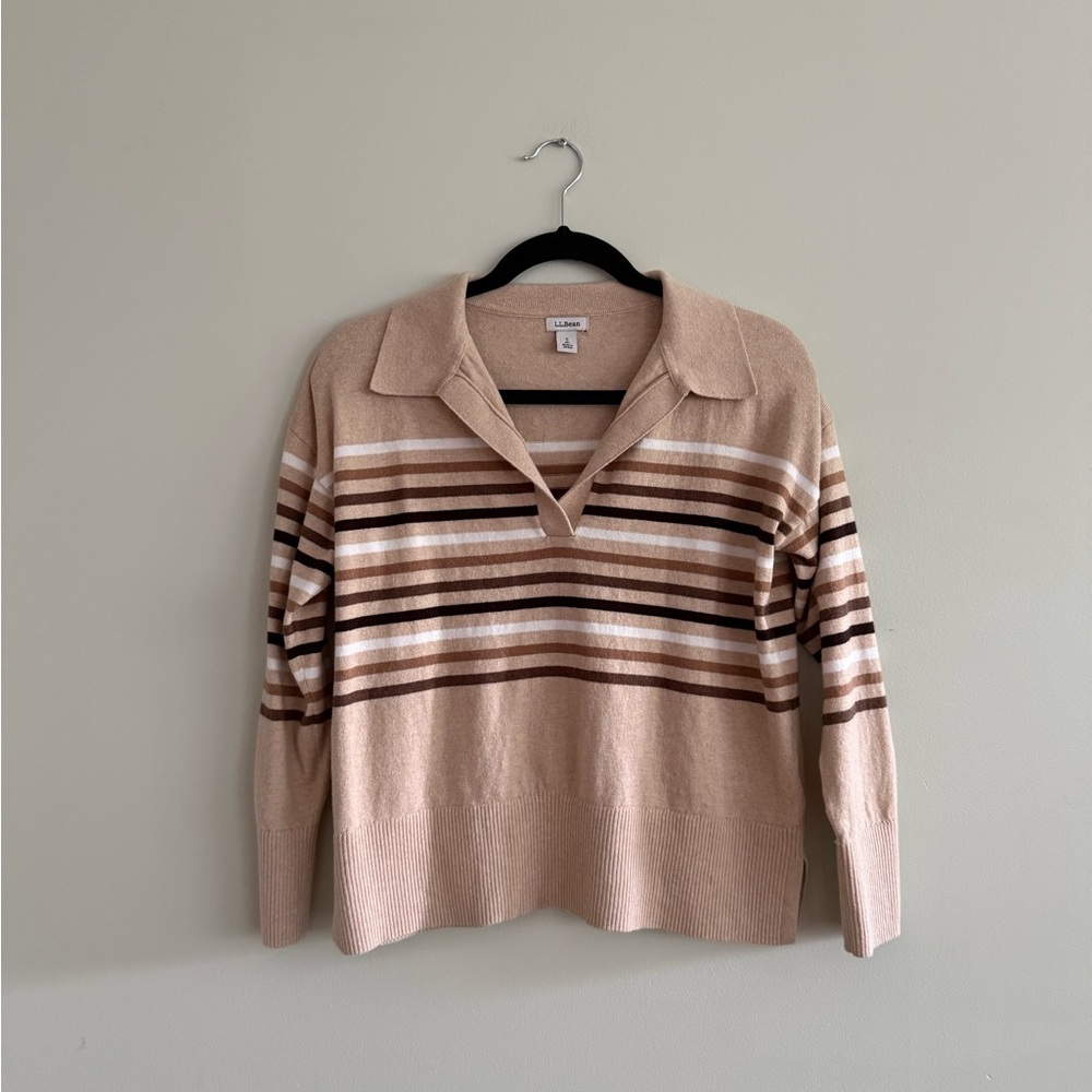 L.L. Bean Beige and Brown Striped V-Neck Sweater